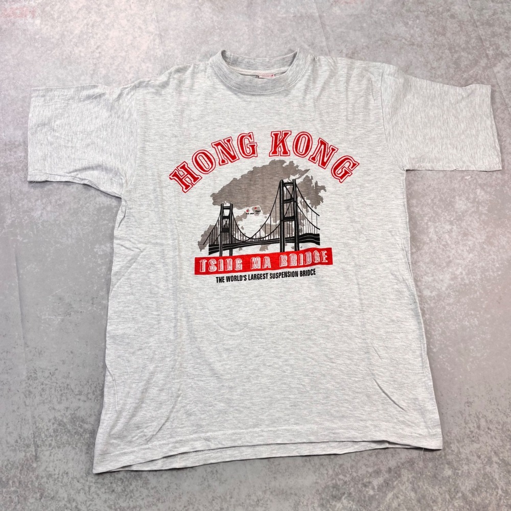Vintage 90s Hong Kong Tsing Ma Bridge T-Shirt Gray Single Stitch size XL